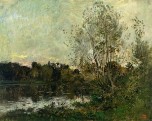 Jezioro w lesie o zmierzchu, ok. 1865