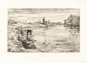 Wędkarstwo w kabinie (Le Mousse a la peche) autorstwa Charles Francois Daubigny