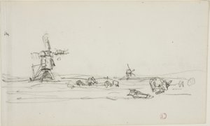 Krajobraz w Holandii (recto); Szkic wiatraków nad wodą (verso) autorstwa Charles Francois Daubigny