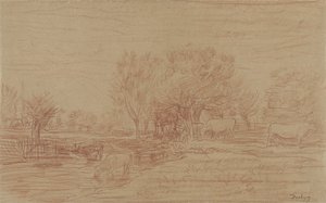 Krajobraz z pasącymi się i pijącymi krowy oraz obserwującym bykiem autorstwa Charles Francois Daubigny