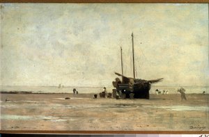 ""Seascape"" Żaglówka na piasku podczas odpływu. Obraz Charlesa Francois Daubigny (1817-1878) 1868-1872 Muzeum Puszkina, Moskwa autorstwa Charles Francois Daubigny