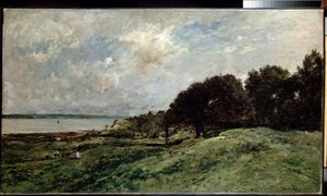 ""Pejzaż morski w pobliżu Villerville w Calvados"" (Wybrzeże niedaleko Villerville) Obraz Charlesa Francois Daubigny (1817-1878) 1875 85x149 cm Ermitaż, Sankt Petersburg (Sankt-Petersburg) autorstwa Charles Francois Daubigny