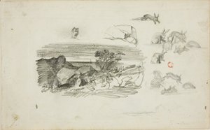 Szkice: Skalista sceneria i króliki autorstwa Charles Francois Daubigny