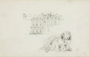 Szkice: Hotel de Ville, Tours i bawiąca się dziewczynka (recto); Bocian (verso) autorstwa Charles Francois Daubigny