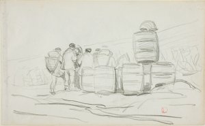 Studium grupy ludzi z beczkami (recto); Dwa studia kobiety sprzątającej (verso) autorstwa Charles Francois Daubigny