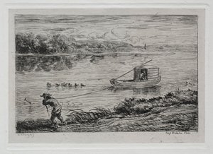 Rejs łodzią: chłopiec kabinowy ciągnący linę holowniczą lub ciągnący liną, 1861. autorstwa Charles Francois Daubigny