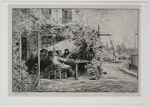 Rejs statkiem: lunch przed wejściem na pokład w Asnières, 1861. autorstwa Charles Francois Daubigny