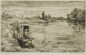 Chłopiec okrętowy łowiący ryby (Fishing with a Line) autorstwa Charles Francois Daubigny