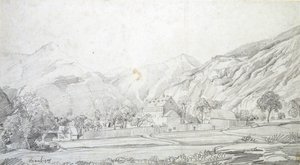 Widok budynków w otoczonej murem zagrodzie z górami w tle, połowa XIX wieku autorstwa Charles Francois Daubigny