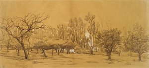 Widok sadu w Saint-Denis (pióro i czarny tusz, podkreślone białym kolorem ciała i dotknięte czarną kredą lub węglem, na sztywnym papierze w kolorze złamanej bieli) autorstwa Charles Francois Daubigny
