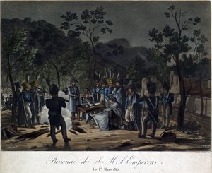 Powrót Napoleona z Elby. Biwak Napoleona w Golfe-Juan 1 marca 1815 - Levachez, Charles Francois Gabriel (czynny 1760-1820) - 1815 - Aquatint - 29,5x30 - Kolekcja prywatna