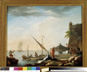 Port śródziemnomorski przy fontannie. Obraz Charlesa Francois Greniera de la Croix dit Lacroix de Marseille (1720-1782) Kolekcja prywatna, Marsylia.
