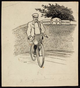 Mężczyzna na rowerze przed znakiem wyznaczającym granicę hrabstwa między Middlesex a Buckinghamshire