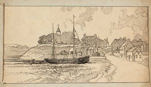 Żaglówka na plaży podczas odpływu, przy ścieżce prowadzącej do wioski autorstwa Charles George Harper