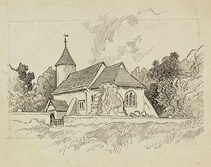 Wygląd zewnętrzny niezidentyfikowanego kościoła (pióro i atrament na papierze) autorstwa Charles George Harper