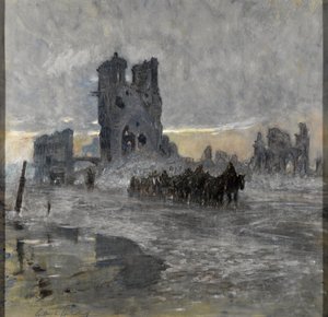 Transporty konne, prawdopodobnie pociąg artyleryjski, mijając zrujnowane Sukiennice, Ypres autorstwa Charles Gilbert Holiday