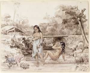 Kąpiel Tahiti, 1844 (pióro i pranie na papierze) autorstwa Charles Giraud