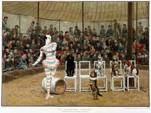 Uczone psy: scena cyrkowa z klaunem i psami - wg Charlesa Greena, angielski chromo 1885. ¿Uczone psy: scena cyrkowa z klaunem i psami - wg Charlesa Greena, angielski chromo 1885. ¿ autorstwa Charles Green