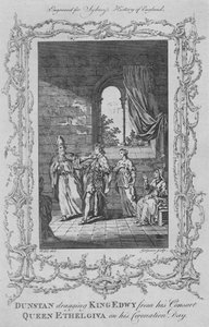 Dunstan odciągając króla Edwy od swojej małżonki królowej Ethelgivy w dniu koronacji w 1773 r. autorstwa Charles Grignion