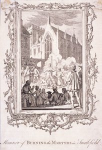 Scena spalenia protestantów w Smithfield, XVI w., ok. 1760 r. autorstwa Charles Grignion