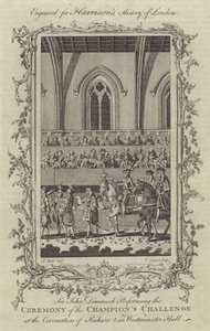 Sir John Dimmock podczas ceremonii mistrzów podczas koronacji Ryszarda II w Westminster Hall, 1377 autorstwa Charles Grignion