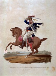 Kapral dziesiątego pułku lub Królewski Huzar Huzarów Własnych Księcia Walii w Rewizji Orderu, z „Kostiumy Armii Imperium Brytyjskiego, zgodnie z ostatnimi przepisami z 1812 r.”, wyryty przez J.C. Stadlera, pub. autorstwa Charles Hamilton Smith