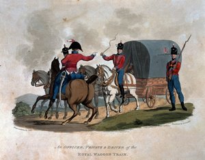 Oficer, szeregowiec i maszynista pociągu Royal Waggon z „Kostiumy armii Imperium Brytyjskiego, według ostatnich przepisów z 1812 r.”, sztych. J.C. Stadler, wyd. Colnaghi und autorstwa Charles Hamilton Smith