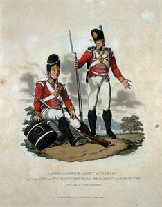 Grenadierzy i Lekka Piechota z 29 Pułku Piechoty Worcestershire na służbie w kraju, z „Kostiumy Armii Imperium Brytyjskiego, według ostatnich przepisów z 1812 r.”, grawerowane b autorstwa Charles Hamilton Smith
