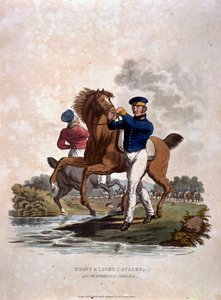 Ciężka i lekka kawaleria w zakonie nawadniania, z „Kostiumy armii Imperium Brytyjskiego, według ostatnich przepisów z 1812 r.”, sztychowane przez J.C. Stadlera, wydane przez Colnaghi und Co. 1812-15 (kol. autorstwa Charles Hamilton Smith