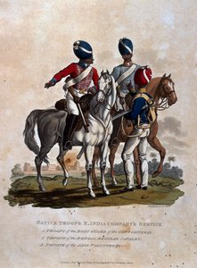 Oddziały tubylcze, Służba Kompanii Wschodnioindyjskiej, Oddziały Gwardii Gubernatora Generalnego, Szeregowcy Regularni Bengalscy, z "Kostiumów Armii Imperium Brytyjskiego, zgodnie z ostatnią rewizją". autorstwa Charles Hamilton Smith