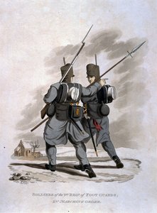 Żołnierze 1 Pułku Gwardii Pieszej w Rozkazie Marszowym, z „Kostiumy Armii Imperium Brytyjskiego, według ostatnich przepisów 1812”, ryt. J.C. Stadler, wyd. Colnagh autorstwa Charles Hamilton Smith