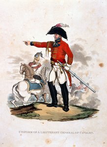 Mundur generała porucznika kawalerii, z „Kostiumy armii Imperium Brytyjskiego, według ostatnich przepisów z 1812 roku”, sztychowany przez J.C. Stadlera wydany przez Colnaghi und Co. 1812-15 (kol. autorstwa Charles Hamilton Smith