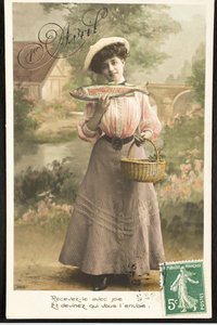 Stara pocztówka/Kwiecień Ryba/Kobieta Belle Epoque autorstwa Augustus Kollner