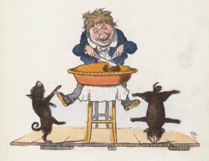 Chłopiec je ciasto, podczas gdy jego pies wykonuje akrobacje (kolorowy grawerunek) autorstwa Charles Henry (after) Bennett