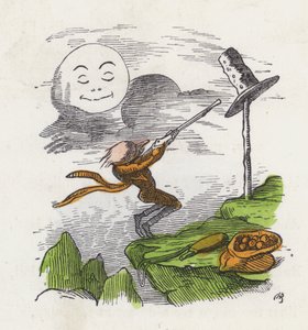 Mężczyzna strzelający do kapelusza z frustracji, że nie mógł trafić w Księżyc (kolorowy grawerunek) autorstwa Charles Henry (after) Bennett