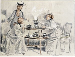 Panie pijące herbatę wokół małego samowara - rysunek Henri Tenré, ok. 1900 r. 1910