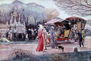 Podróżni zatrzymują się, aby pomodlić się przed przydrożną kalwarią w Bretanii w dzień Wielkanocy