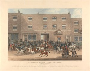 Pogoń za przeszkodami [zestaw sześciu]: St. Albans Grand Steeple Chase. / 8 marca 1832. Tablica 1. Przygotowanie do startu... autorstwa Charles Hunt