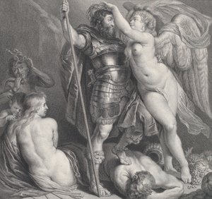Bohater ukoronowany Zwycięstwem, który nakłada na głowę wieniec laurowy, Wenus i Kupidyn o..., ok. godz. 1735-61. autorstwa Charles Hutin