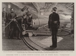 Ćwiczenie z 6-calowym działem ładowanym od tyłu na pokładzie HMS Conqueror autorstwa Charles J. Staniland