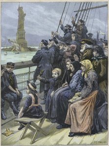 Żydowscy imigranci przybywający do Nowego Jorku Stany Zjednoczone W 1892 r. - żydowscy uchodźcy z Rosji mijając kolosalny pomnik w porcie nowojorskim - grawerunek Charlesa Josepha STANILAND- „” Przybycie żydowskich emigrantów do Nowego Jorku w 1892 r., ilu