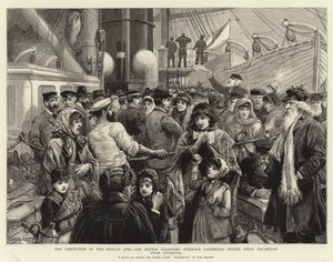 Emigracja rosyjskich Żydów, lekarz badający pasażerów ze sterówką przed ich odlotem z Liverpoolu autorstwa Charles J. Staniland