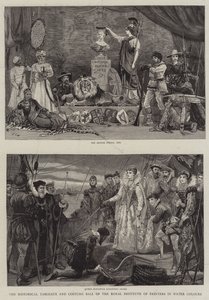 Historyczne Tableaux i Bal Kostiumowy Królewskiego Instytutu Malarzy w Akwareli autorstwa Charles J. Staniland