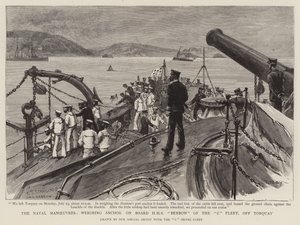 Manewry Marynarki Wojennej, ważenie kotwicy na pokładzie HMS Benbow z Floty C, u wybrzeży Torquay autorstwa Charles J. Staniland