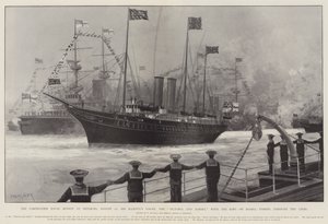 The Coronation Naval Review w Spithead, 16 sierpnia, Jacht Jego Królewskiej Mości, Victoria and Albert, z królem na pokładzie, przepływający przez linie