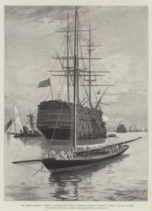 Meteor Cesarza Niemieckiego w porcie Portsmouth, zakotwiczony przed Victory Nelsona, obecnie okręt flagowy admirała Sir Nowell Salmon, głównodowodzącego w Portsmouth autorstwa Charles John de Lacy