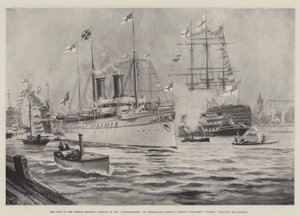 Wizyta cesarza niemieckiego, przybycie Hohenzollernów do portu Portsmouth, zwycięstwo okrętu flagowego Nelsona pozdrawiające cesarza autorstwa Charles John de Lacy