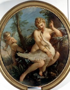 Leda i łabędź Leda i bóg Zeus zamieniają się w łabędzia, aby się do niego zbliżyć. Obraz Charlesa Josepha Natoire