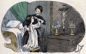 Znak krzyża. w „”Cała religijna władza – wierzę w bogów””, sd., ilustracja z końca XIX wieku Jouvenota. Biblioteka Katechizmów. Paryż. Kolekcja Leemage autorstwa Charles Jouvenot