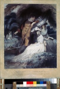 "La partie de peche" (Przyjęcie wędkarskie) młodzi mieszczanie w niedzielnych ubraniach trzymający wędki. Litografia Charlesa Knighta (1743-1826) Muzeum Puszkina, Moskwa